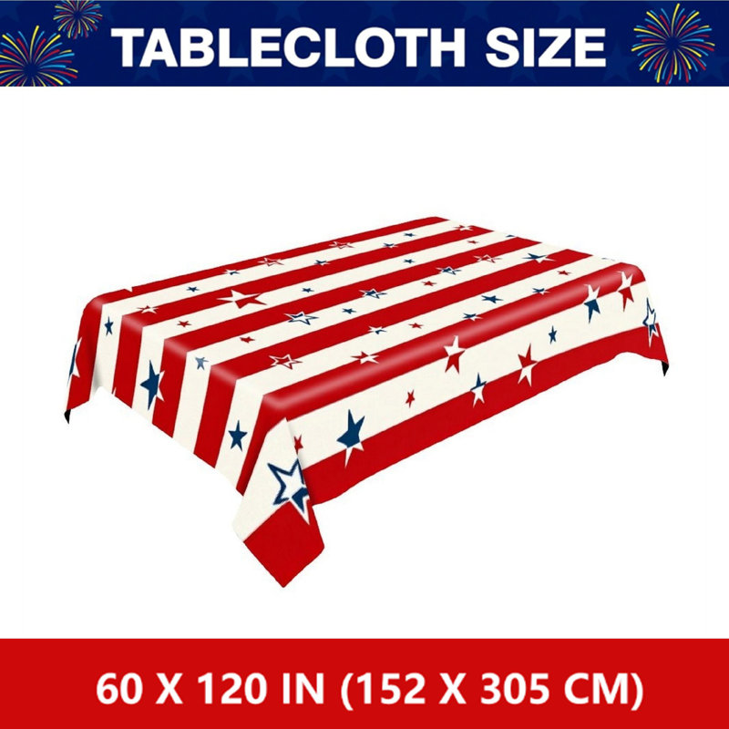 Red White Stripe Star Tablecloth 60 x 120 inch for Memorial Day & 4th of July Dining