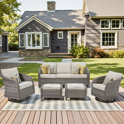 Ensemble de 5 meubles de patio extérieur, canapé en rotin toutes saisons, 2 chaises berçantes pivotantes en forme de tonneau avec coussins amovibles et 2 repose-pieds polyvalents, ensemble de salon extérieur pour jardin, porche, cour, bord de piscine