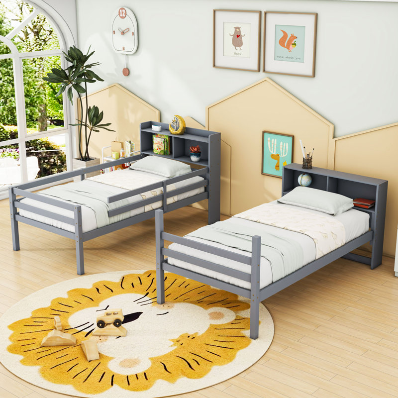 Lit superposé simple en bois avec tablettes, gris