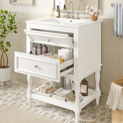 Meuble-lavabo de 24 po avec lavabo en céramique, armoire de rangement en bois massif avec portes à fermeture douce, tablette ouverte et 2 tiroirs au design rétro