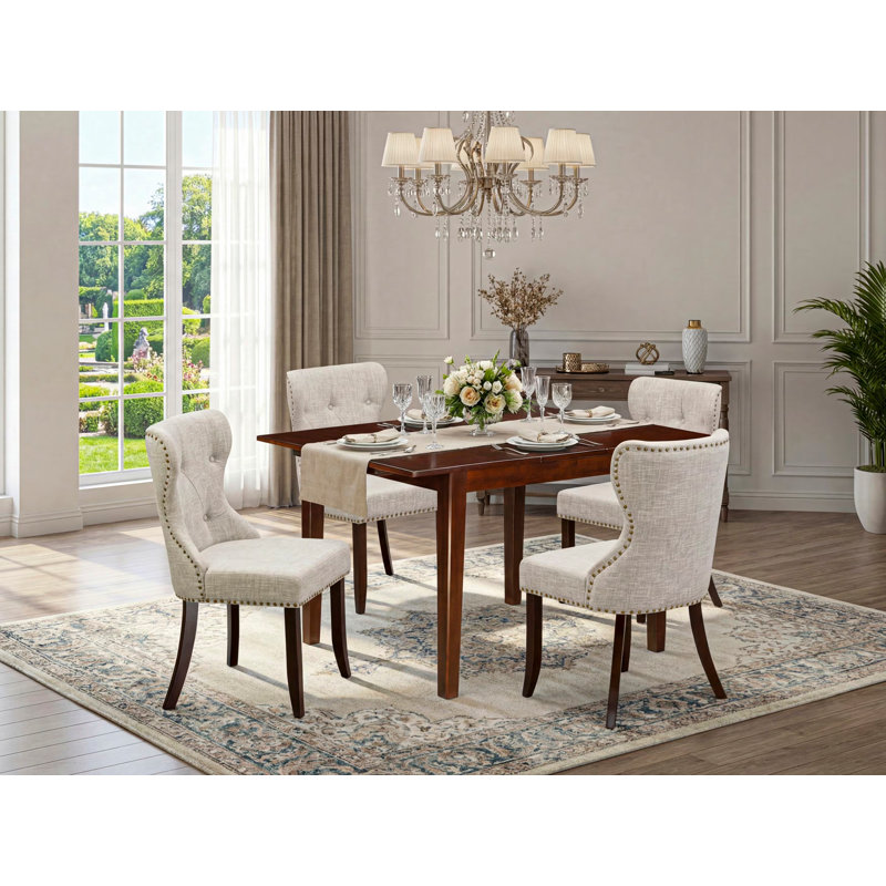 5 Piece Dining Table Set Includes a Rectangle Kitchen Table with Butterfly Leaf and 4 Doeskin Linen Fabric Upholstered Chairs, Mahogany