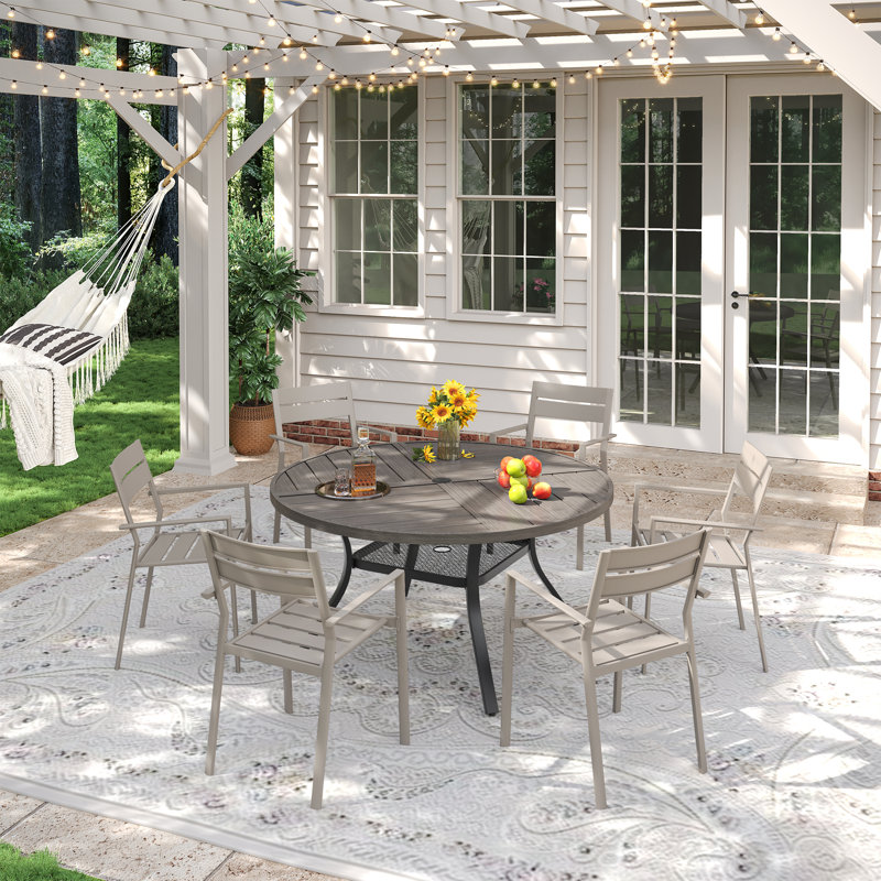 6-Person Patio Dining Set With Metal Chairs, Gray Woodlike/Sand