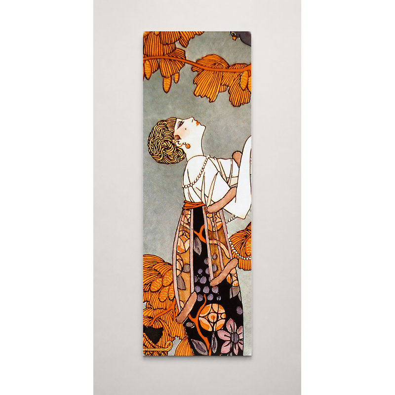 Femme avec oiseau et cage à oiseaux, 16" W x 48" H