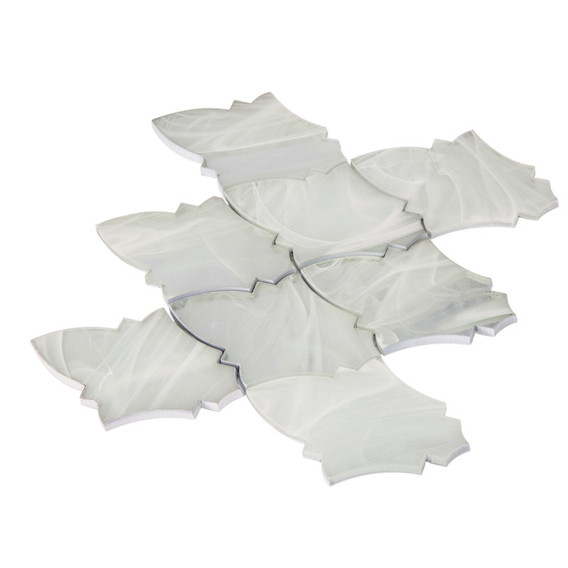 Virelle 9x10 in. Soft Ivory Glossy Glass Arabesque Wall and Floor Tile (3.03 sq ft/case, 5-Pack), White/Grey