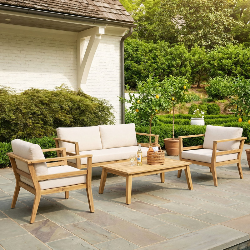 Ensemble de conversation d'extérieur 4 pièces en bois d'acacia avec plateau à lattes et coussins