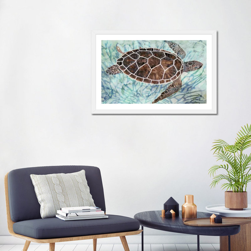 Tortue de mer, collage I - reproduction d'art, Blanc, Papier encadré blanc, H 24 po x l 32 po x P 1 po