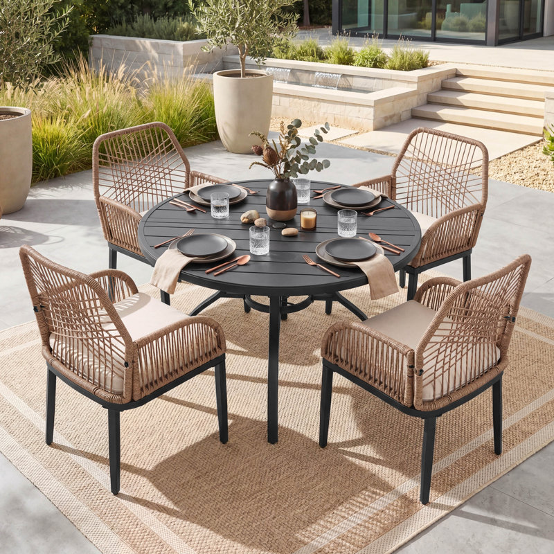 5pcs Rattan Metal Patio Dining Set With Umbrella Hole, Zippered Cushions, Round, 28.6" H x 40.9" W40.9" D, 4