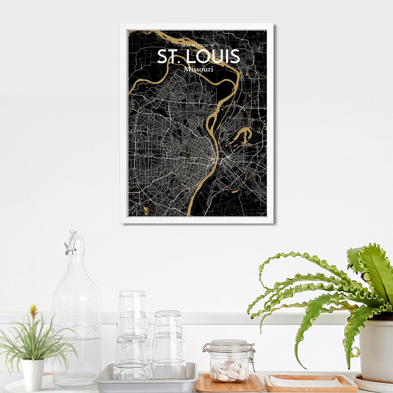 St. Louis City Map, impression, H 24 po x l 18 po, Noir et or