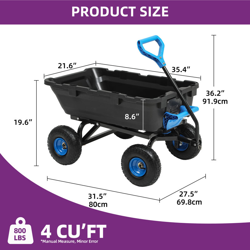 Chariot de jardin 800LBS avec cadre en acier (noir + bleu), Bleu