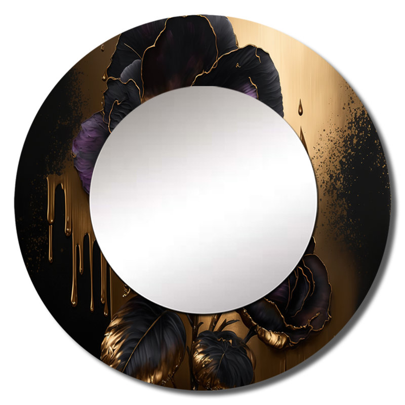 Shelvie noir et or Violets II - miroir décoratif violet, grand miroir mural rond traditionnel, impression d'art en métal