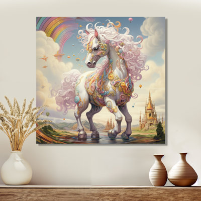 White Unicorn Horse Pink Manes Rainbow - Horse Animal Wall Art