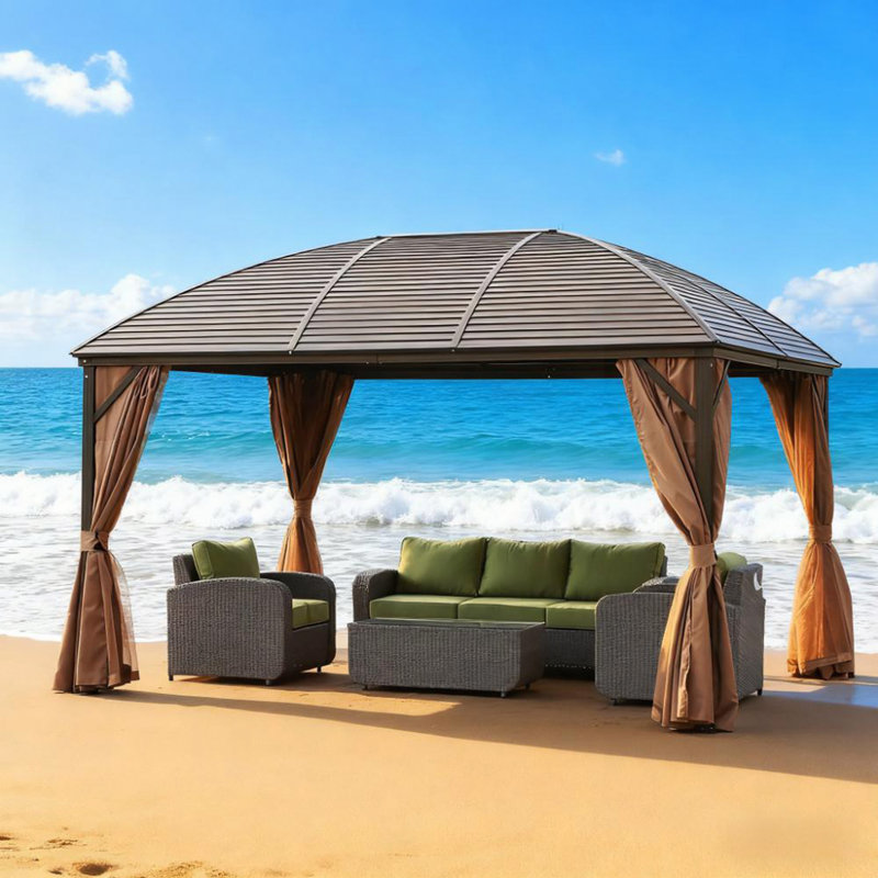 Pavillon de jardin avec toit rigide 10 pi x 13 pi avec rideaux, moustiquaire, pavillon avec toit en acier