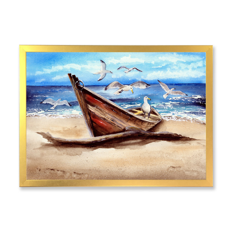 «An Old Fishing Boat On The Sandy Beach», reproduction sur toile, H 16 po x l 32 po, Toile à cadre d'angle fermé doré