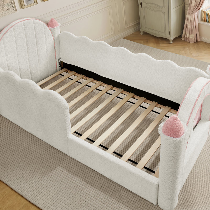 Lit simple capitonné en bois massif avec rideaux Boucle, base de lit pour tout-petit moderne, Beige