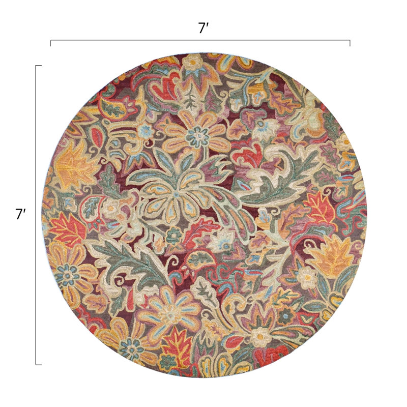 Floral Tapestry Handmade Hand Tufted Wool Spice Rug, Round 7'
