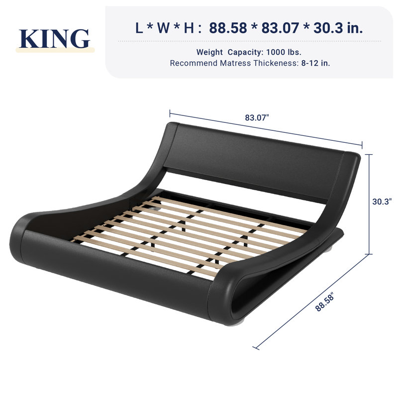 Low Profile Sleigh Bed With Faux Leather Ergonomics Headboard, King, Black