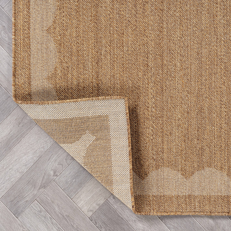 Scallop Border Sand/Natural Easy-Care Jute-Style Indoor/Outdoor Flat Woven Area Rug, Sand, Rectangle 6'7" x 9'