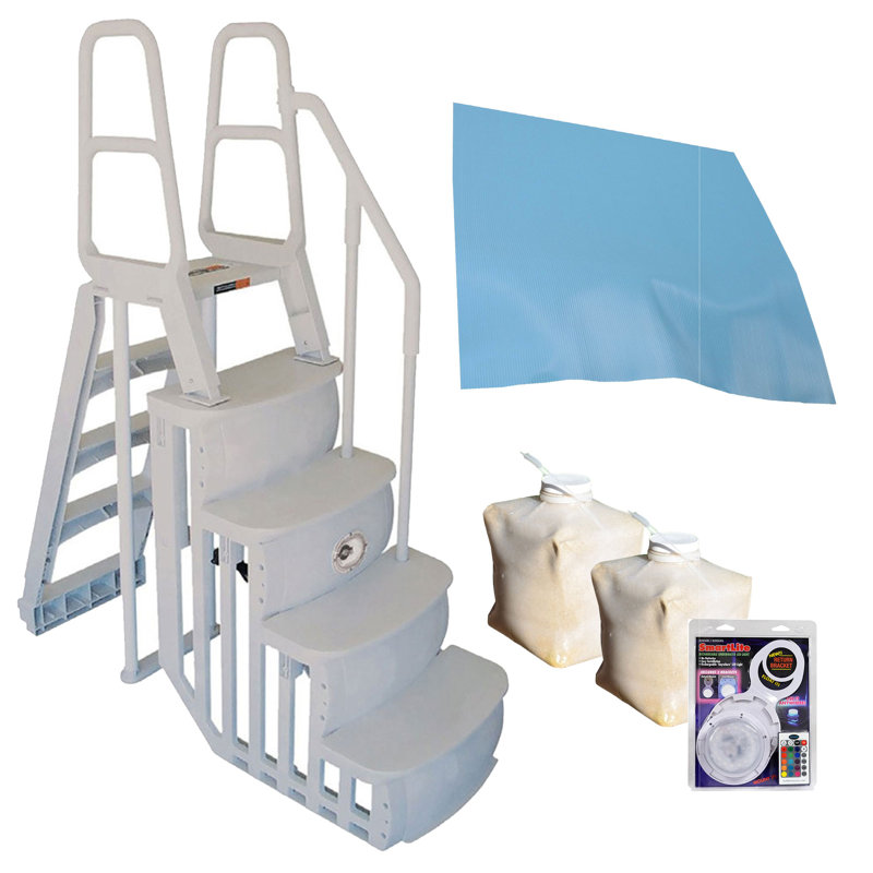 Main Access Above Ground Pool Ladder Steps w/ Pad + 2 Weights + LED Lite