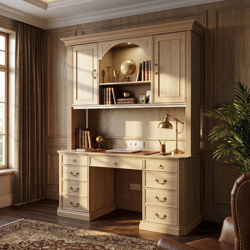 Bureau avec bibliothèque et éclairage réglable 3 couleurs | Tablette réglable, espace de travail spacieux, Beige