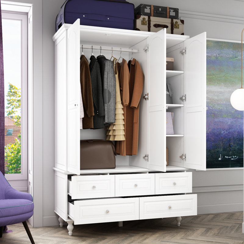 Armoire 3 portes 5 tiroirs avec miroir Aijahlon, Blanc