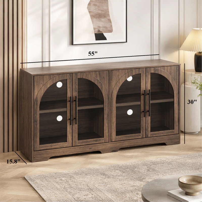 Console 1pc avec poignées en métal en verre trempé et tablettes réglables, Brown
