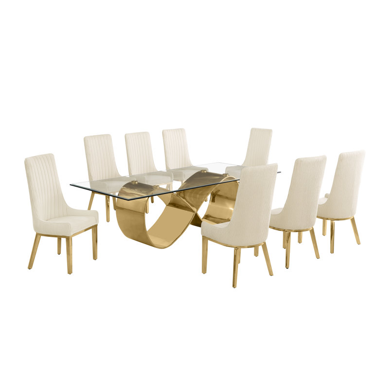 Ensemble de salle à manger en verre trempé avec chaises à dossier plissé, Crème, crème, Doré