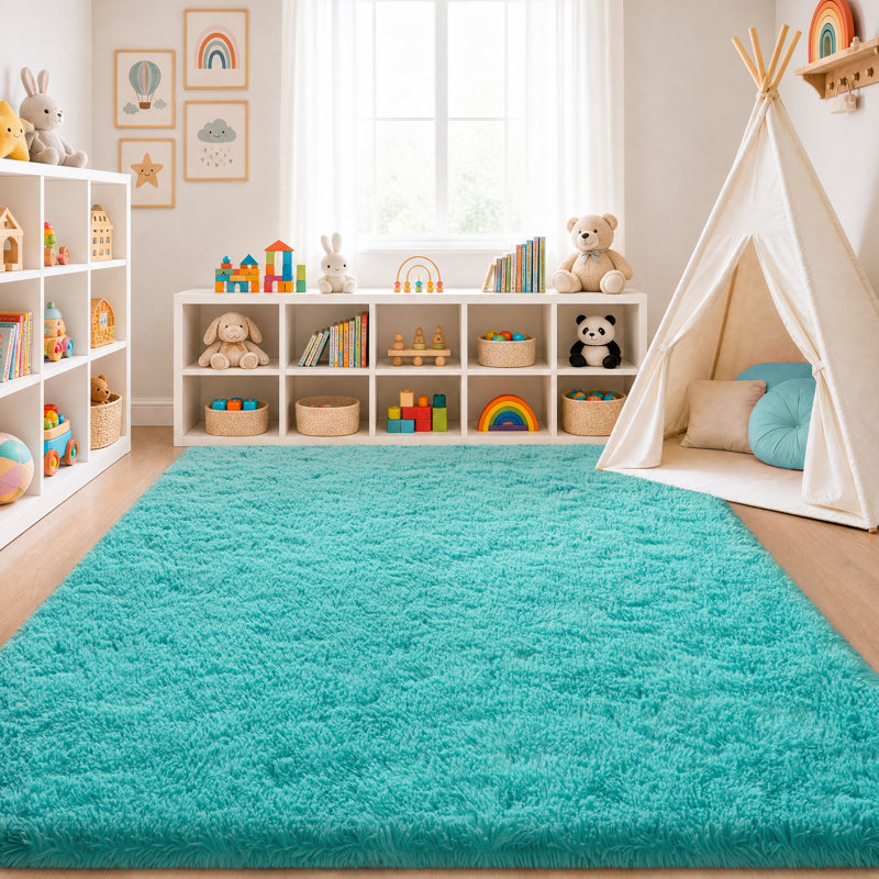 Solid Rug Soft Fluffy Blue Indoor Area Rug for Living Room Bedroom Nursery Kids Room, Rectangle 6' x 9', Teal Blue