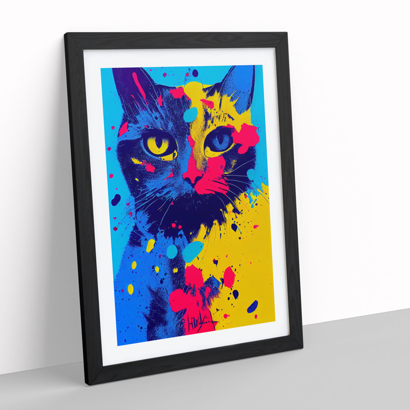 Paint Splat Cat No.1 - Single Picture Frame Print, 64cm H x 46cm W x 2cm D, Black