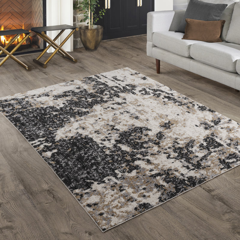 Oraya Stubai Modern Abstract Machine Black/Ivory/Gray Polyester Indoor Area Rug, Rectangle  5'3" x 7'