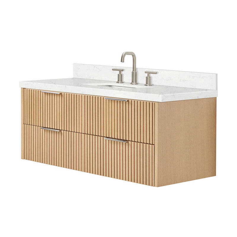 Ensemble de meuble-lavabo mural simple 54 po avec comptoir à quartz blanc Carrara Mulloy de 1,5 po Mulloy, Rectangulaire