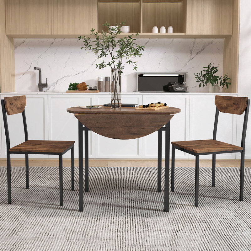 Modern 3-Piece Round Dining Table Set With Drop Leaf And 2 Chairs For Small Places