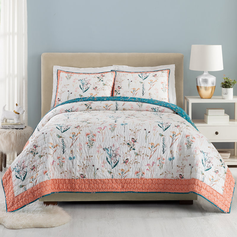 English Garden Reversible 100% Cotton 3 Piece Quilt Set, King Quilt + 2 Shams