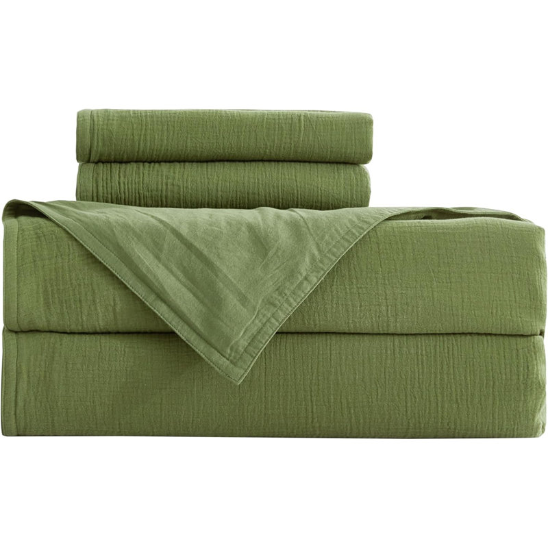 Breeze Cotton Gauze Duvet Cover Set, Queen Duvet Cover + 2 Standard Shams, Olive Green