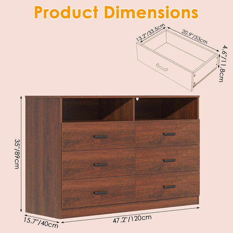 6 Drawers Dresser,Modern Storage Tower Dressers and Chests 2 Open Cubby,Large Organizer for Bedroom, Walnut