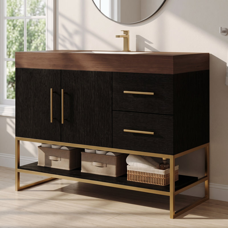 Meuble-lavabo simple autoportant noir de 91 cm (36 po) avec lavabo en céramique, comptoir en pierre frittée brun chaud et tablette ouverte
