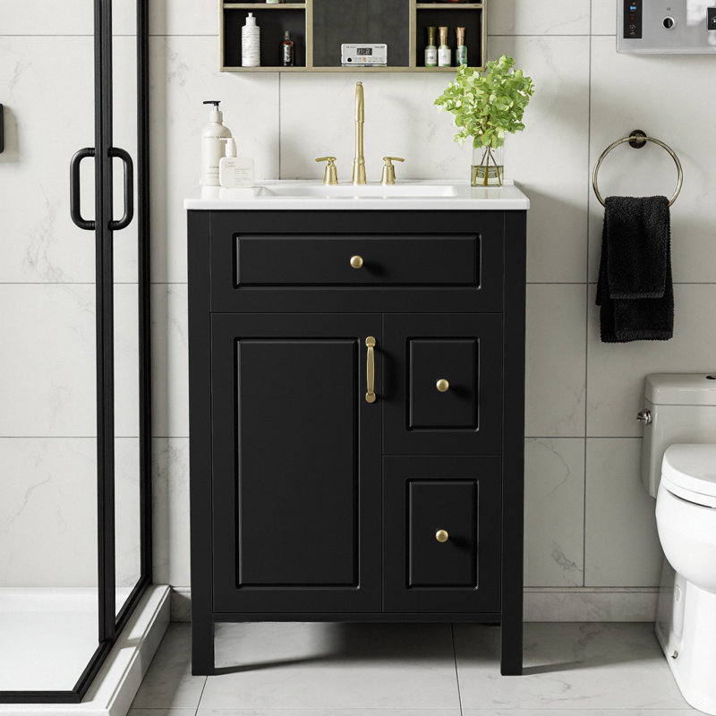 Meuble-lavabo noir 24 po avec lavabo en céramique, porte et tiroirs à fermeture en douceur, étagères de rangement - compactes et élégantes
