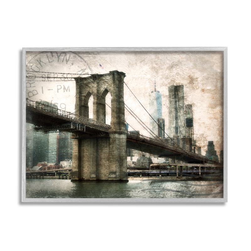 Bb-445-Vintage Brooklyn Bridge, encadré sur bois par Rhonda Addison, Estampe numérique Farmhouse