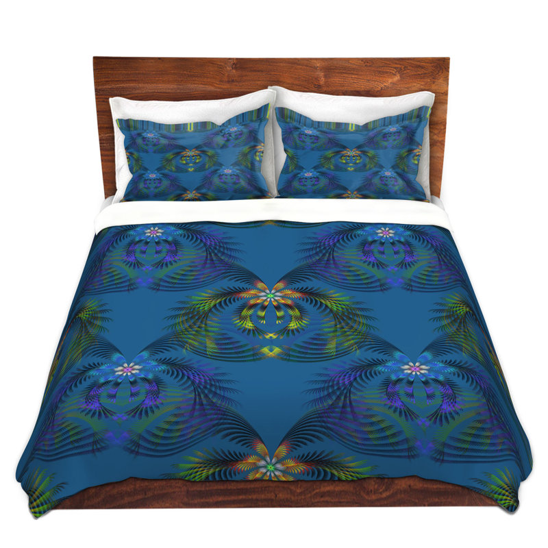 Ensemble de housse de couette hibiscus de palms, 1 housse simple + 1 taie standard, Bleu / vert