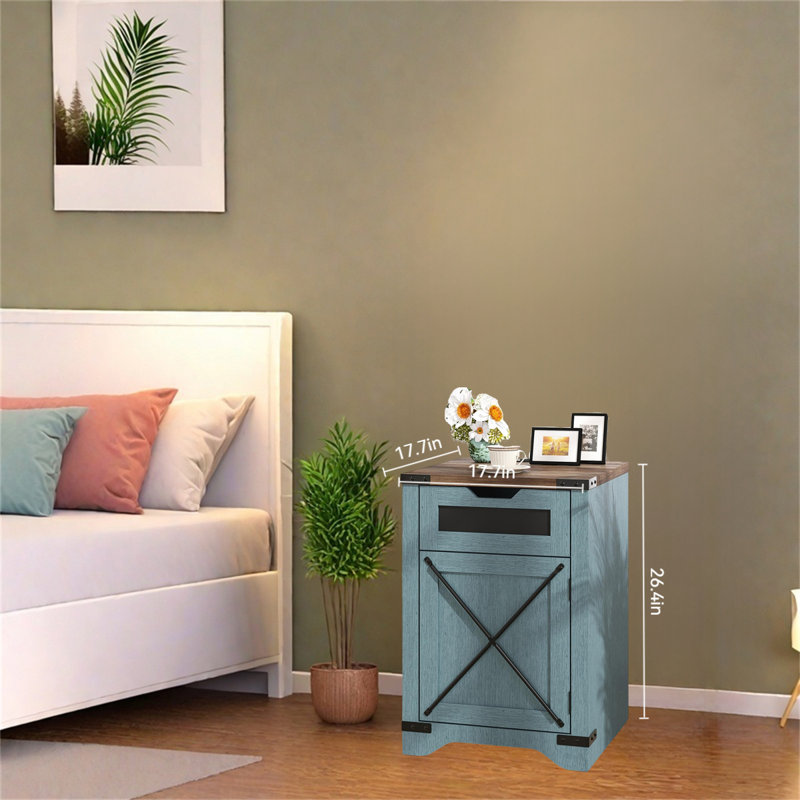 Table de chevet Vintage Farmhouse avec station de charge - Table d'appoint rustique avec tiroir et porte de grange en forme de X
