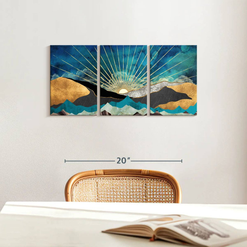 Lever de soleil abstrait 3 pièces, H 12 po x l 26 po x P 1 po