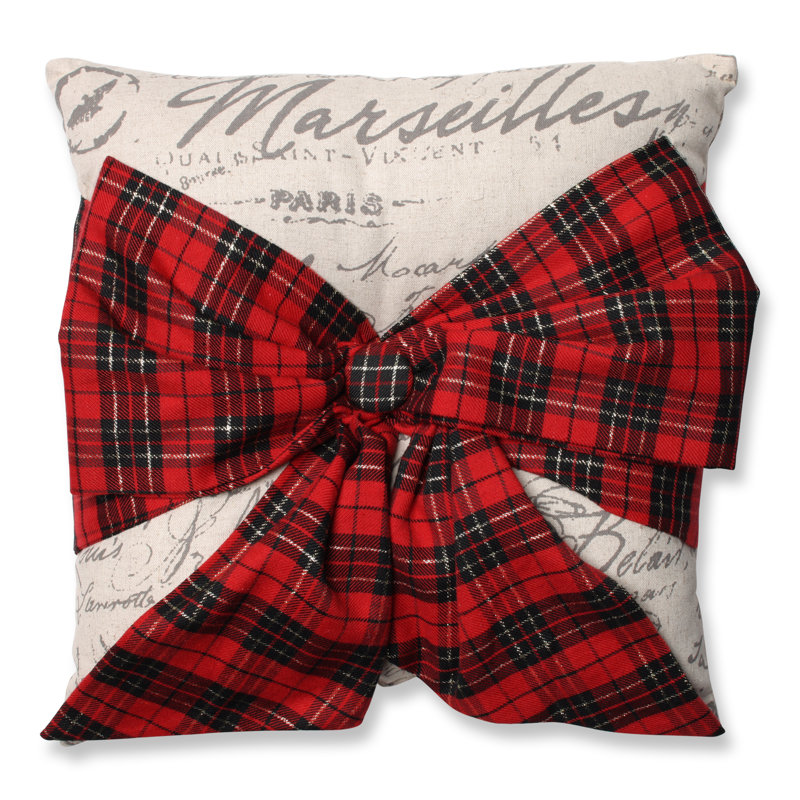 Holiday Plaid Bowknot Embroidered Square Throw Pillow