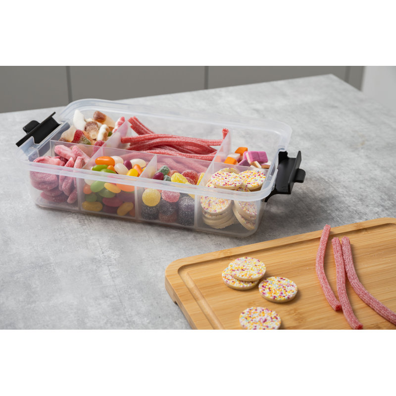Farberware SnackleBox Bamboo Board and Box, Multi-Purpose Portable Snack Box with 7 Snack Dividers, Rectangle Chopping Board Lid and Black Locking Handles, 20 x 33cm