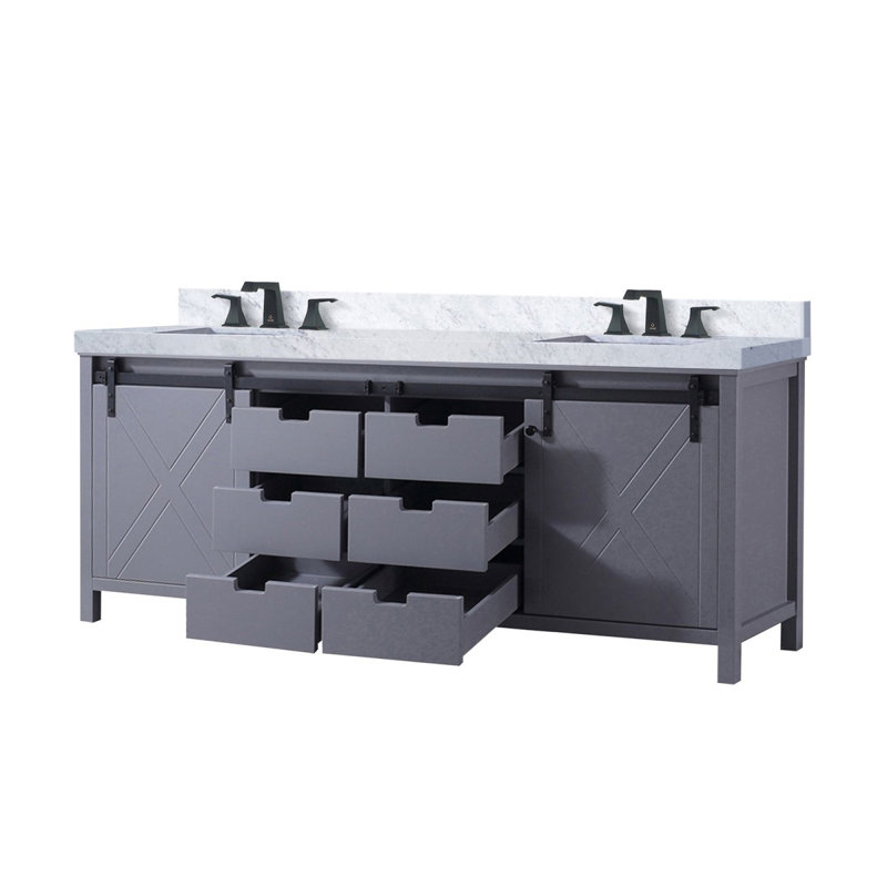 Ensemble de meuble-lavabo double gris foncé l 84 po x P 22 po, comptoir en marbre de Carrare et robinet