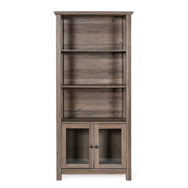 Modern Farmhouse Wooden Bookcase and Storage Cabinet with Tempered Glass Doors and 3 Upper Shelves, Gray Wash