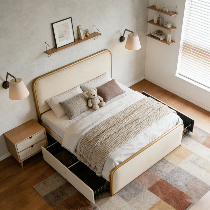 Cadre de lit en métal doré moderne, Beige/Gold, Grand lit