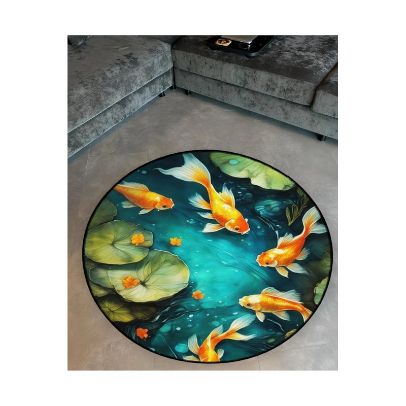 Abstract Theme Lake And Fish Patterned Round Woven Base Modern Decorative Carpet, Round 3'4"