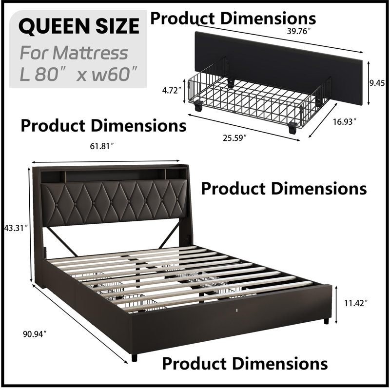 Élégant cadre de grand lit avec tête de lit ergonomique, prises intégrées et lumière DEL, aucun sommier nécessaire, Noir