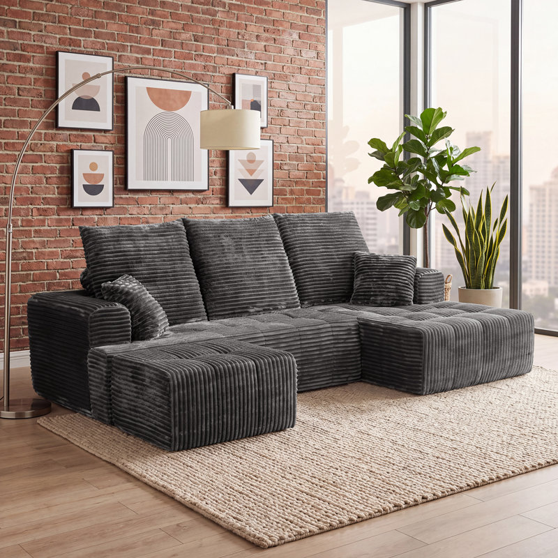 Canapé d'angle modulaire compressé en forme de U de 277 cm de large avec méridienne et pouf, 3 pièces, revêtement en velours côtelé, assise profonde, ressorts ensachés et 5 coussins pour salon, aucun assemblage requis, gris