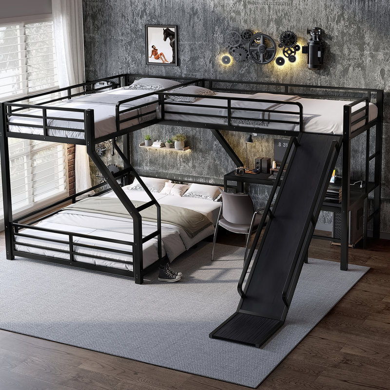 L-Shaped Twin XL over Queen Bunk Bed with Twin Size Loft Bed, Metal Triple Bunk Bed with Slide and USB Ports, Space-saving and Noise-free Design, Black