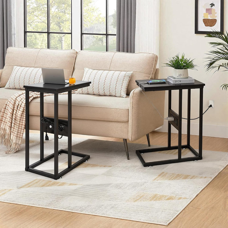 C End Table With USB And Built-In Outlets Sofa Table with Charging Station for Living Room, Black Top/Black Base